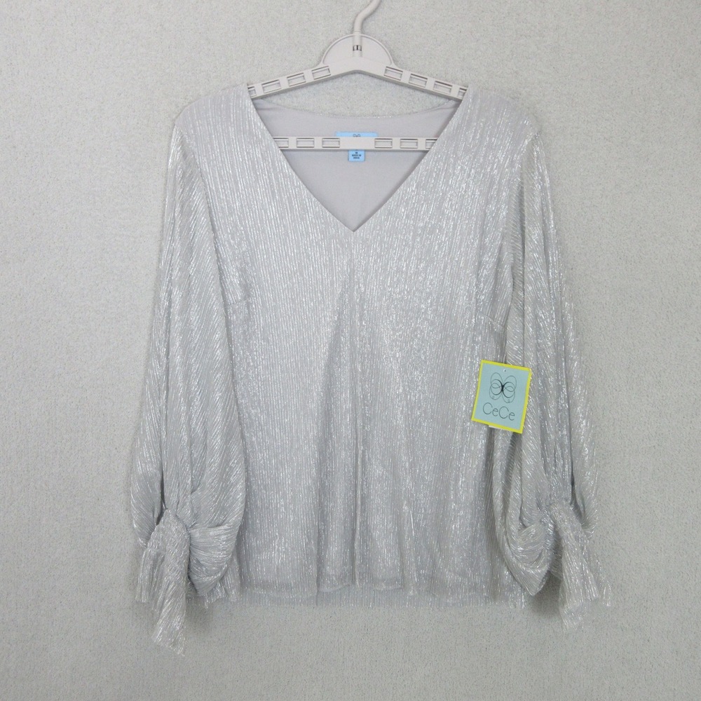 CeCe Metallic Balloon Sleeve Blouse Womens Medium Silver V-Neck Tie Cuff Top